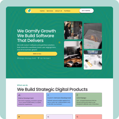 Website homepage with green background highlighting software growth services and images of people working and devices, plus sections describing strategic digital products.